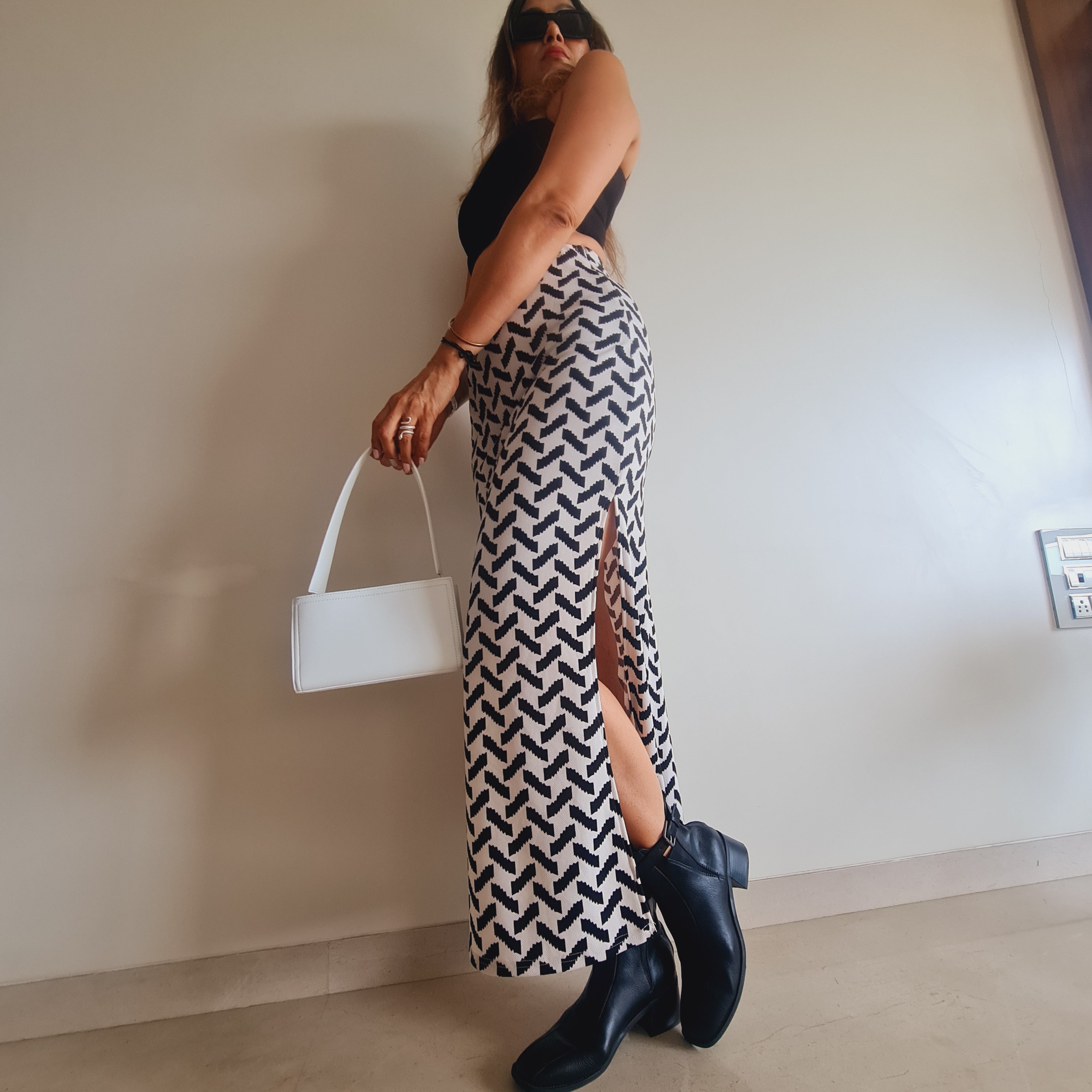 Black Worm Print Cocktail Skirt with Slits